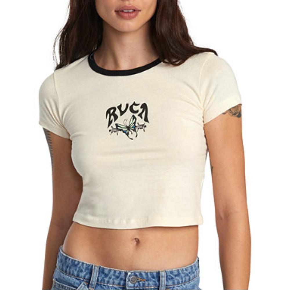 NWT RVCA Butterfly Cream Shrunken Ringer Cropped Graphic Tee - Picture 2 of 8